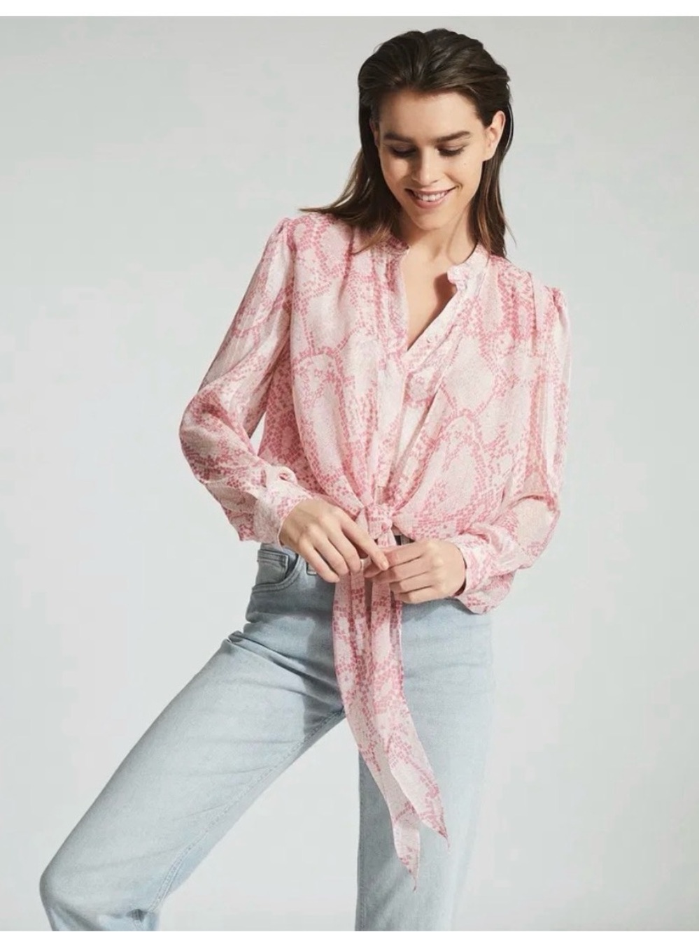 NWOT 8 REISS Pink Patterned Tie-Front Blouse